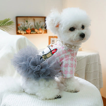Luxury Pink Plaid Princess Dress - Pearl Tulle Skirt with Integrated Harness for Dogs & Cats