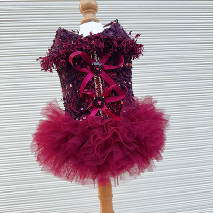 Luxury Wine Red Tutu Dress - Crystal Bow & Lace Gown for Small to Medium Dogs