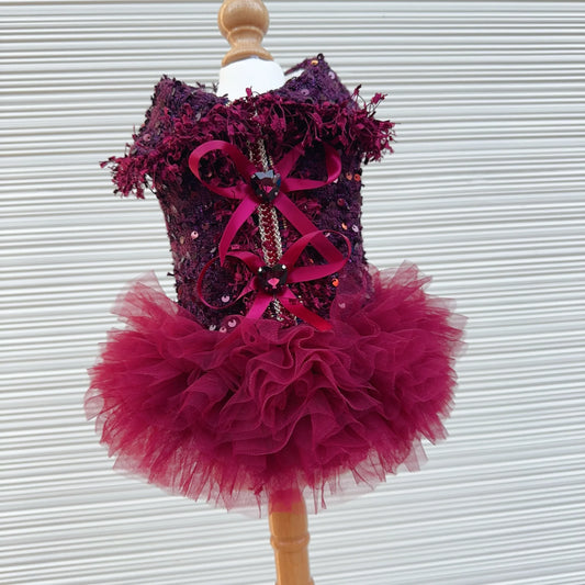 Luxury Wine Red Tutu Dress - Crystal Bow & Lace Gown for Small to Medium Dogs