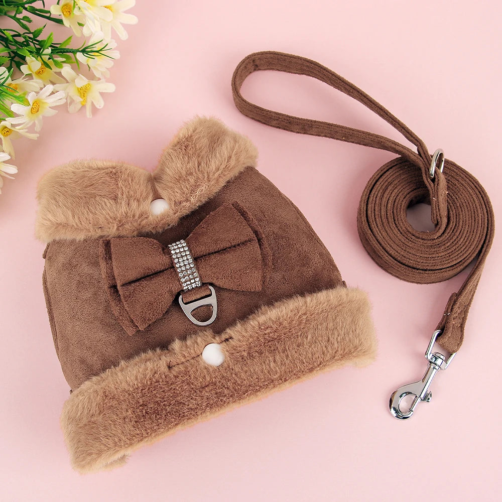 Luxury Fur-Lined Harness & Leash Set with Bowknot - Premium Winter Vest for Small Dogs & Cats