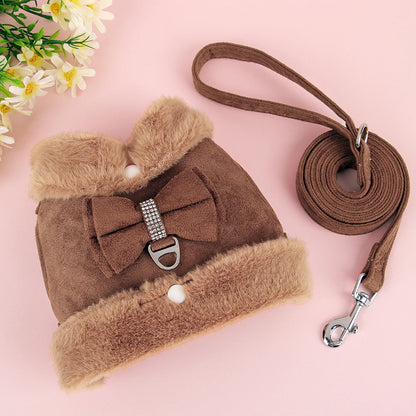 Luxury Fur-Lined Harness & Leash Set with Bowknot - Premium Winter Vest for Small Dogs & Cats