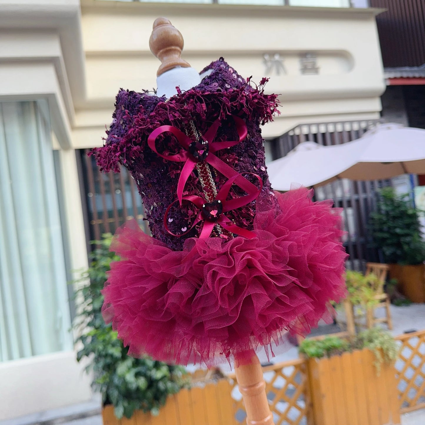 Luxury Wine Red Tutu Dress - Crystal Bow & Lace Gown for Small to Medium Dogs