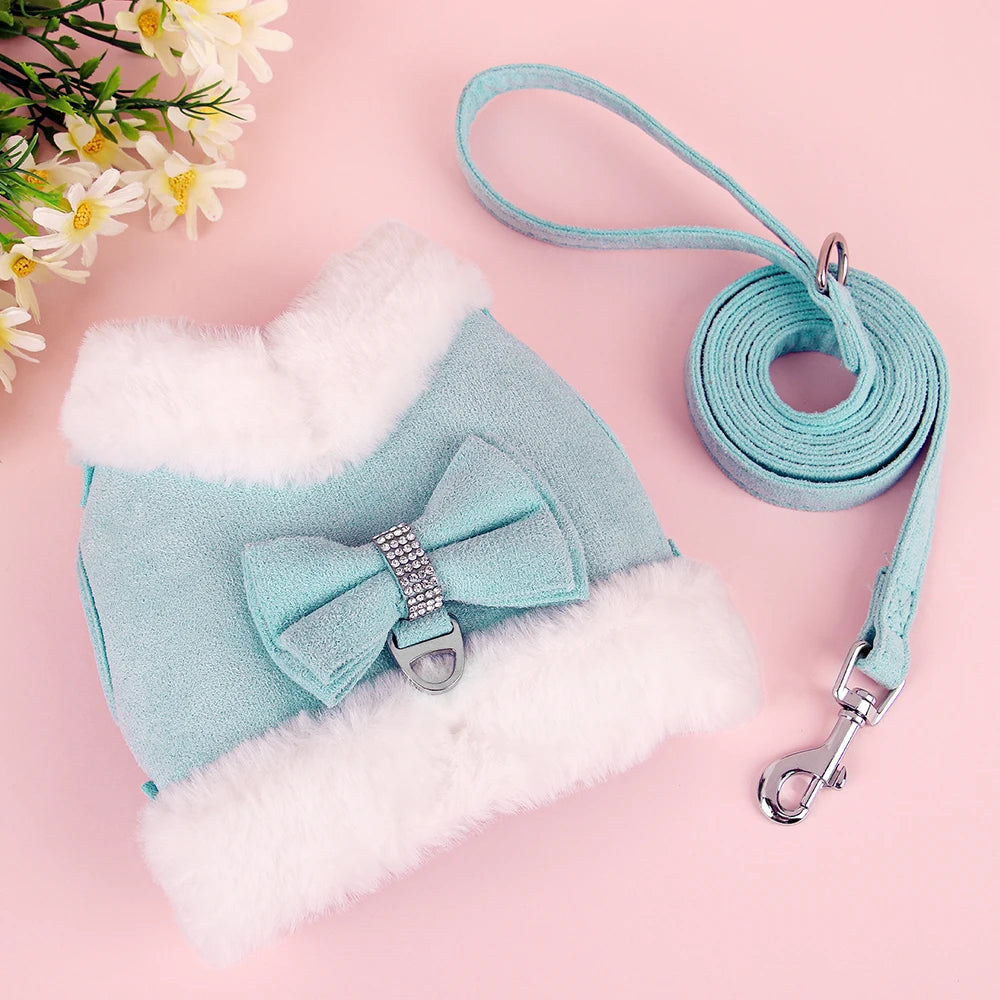 Luxury Fur-Lined Harness & Leash Set with Bowknot - Premium Winter Vest for Small Dogs & Cats