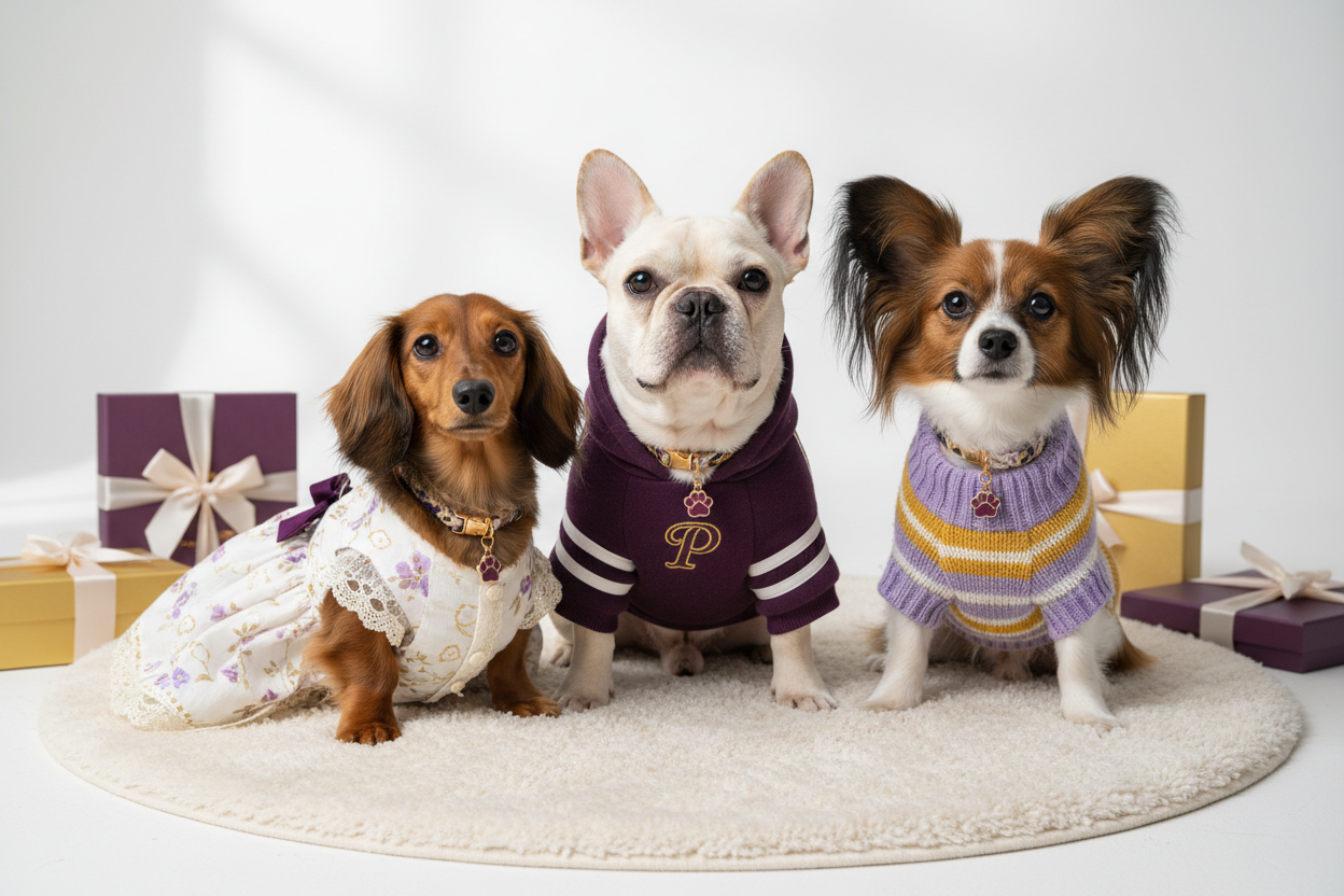 Multiple Small Dogs in Trendy Outfits